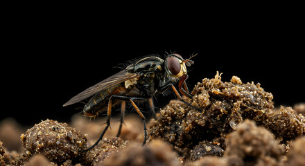 Detailed Macro Photograph of a Soldier Fly Examining Decomposing Matter on Black Backdrop