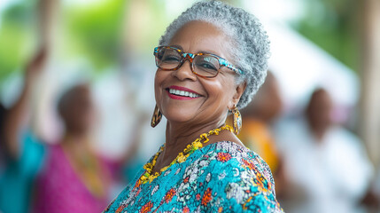 Elderly woman smiling at a vibrant outdoor event