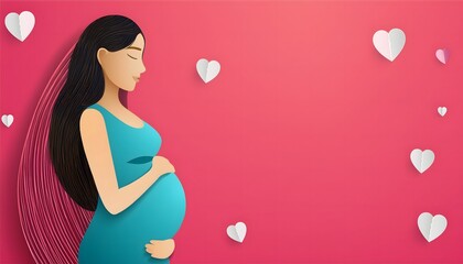 beautiful smile pregnant mom, papercut illustration, isolated on a pink background, flat vector illustration, copy space for text