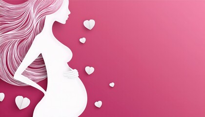 beautiful smile pregnant mom, papercut illustration, isolated on a pink background, flat vector illustration, copy space for text