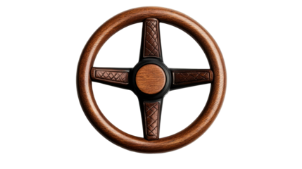 Vintage car steering wheel on black background, cut out transparent