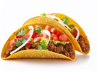 Delicious tacos with guacamole, tomatoes, cheese, and minced meat showing mexican cuisine