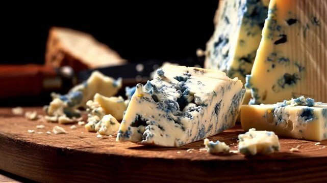 Gourmet blue cheese rests on a rustic wooden board accompanied by fresh slices of bread. A knife lies nearby, highlighting a cozy kitchen atmosphere ideal for cheese lovers