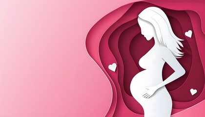 beautiful smile pregnant mom, papercut illustration, isolated on a pink background, flat vector illustration, copy space for text