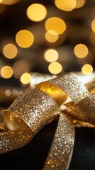 Golden ribbon gift wrap, festive bokeh background, celebration