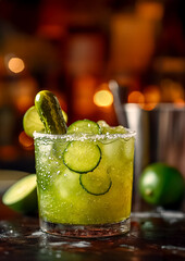 Top view of margarita cocktail with pickles, splash effect, coarse salt scattered on counter.
