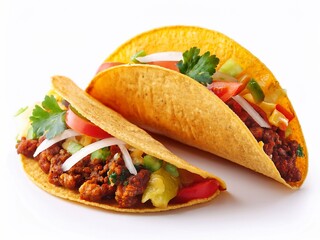 Delicious tacos with guacamole, tomatoes, cheese, and minced meat showing mexican cuisine
