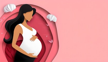 beautiful smile pregnant mom, papercut illustration, isolated on a pink background, flat vector illustration, copy space for text