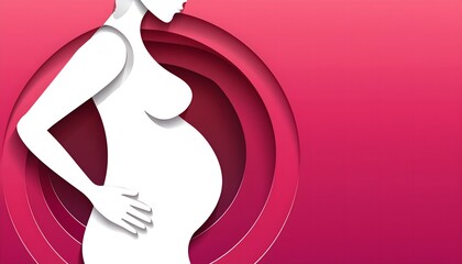 beautiful smile pregnant mom, papercut illustration, isolated on a pink background, flat vector illustration, copy space for text