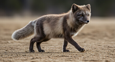 Arctic Fox Striding Confidently Across Tundra Landscape During Autumn Transition
