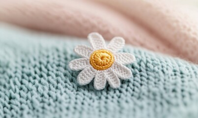 A crocheted daisy adorns a pastel knit blanket, a gentle touch of handmade beauty and soft texture.