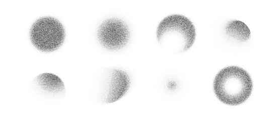 Noise round brush isolated. Grunge dotwork gradient blur circle. Black space shape of dots. Sand, grainy, chalk, diffuse, glitter effect. Texture brush. Vector halftone illustration
