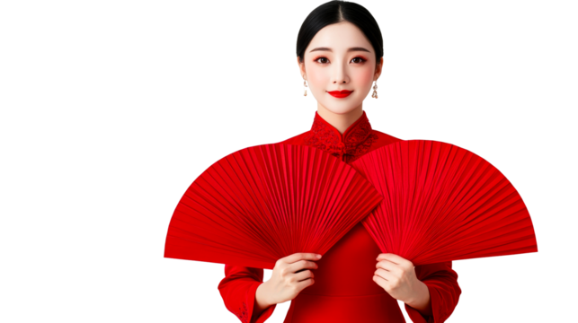 Asian woman in red dress holding fans, cut out transparent - Powered by Adobe