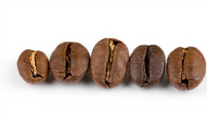 Obraz premium Roasted coffee beans align closeup isolated against plain backdrop showing variations in shade