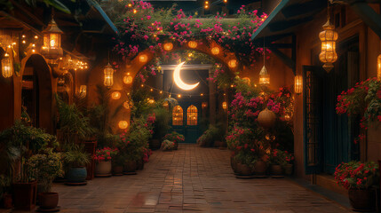Fototapeta premium Enchanting Arabian Courtyard at Night with Crescent Moon and Lanterns
