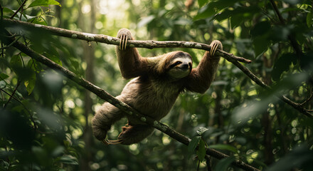 Three-toed sloth climbing through the rainforest canopy with a serene expression