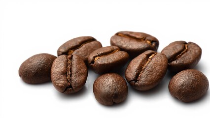 Obraz premium Roasted coffee beans sit arranged closely on white surface showing textures aroma and details