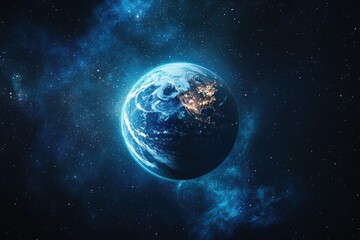 Obraz premium A stunning view of Earth from space. showcasing vibrant blue oceans and green landmasses. surrounded by a backdrop of twinkling stars and cosmic clouds. perfect for educational use