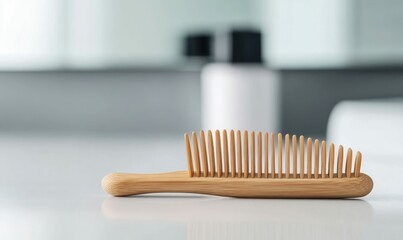 A simple, minimalist wooden comb rests on a white bathroom counter, promoting a natural haircare routine.