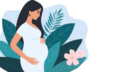 beautiful smile pregnant mom, flower and leaves, isolated on a white background, flat vector illustration, copy space for text; concept of health care pregnancy