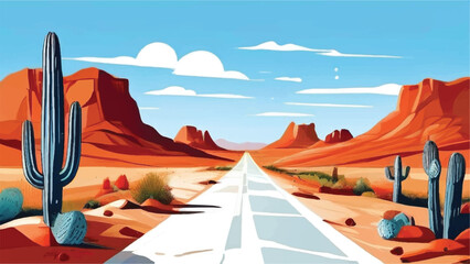 Fototapeta premium Road passing through a desert. Road landscape. Desert landscape. Vector illustration.