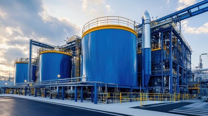 Blue industrial plant with large tanks and complex piping system. Use for energy, water treatment, production, or manufacturing concepts.