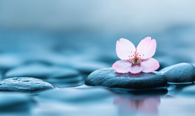 A single pink cherry blossom rests peacefully on dark stones in a tranquil pool of water.