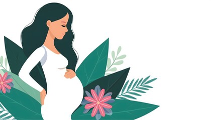 beautiful smile pregnant mom, flower and leaves, isolated on a white background, flat vector illustration, copy space for text; concept of health care pregnancy