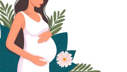beautiful smile pregnant mom, flower and leaves, isolated on a white background, flat vector illustration, copy space for text; concept of health care pregnancy