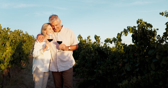 Love, hug and wine with old couple in vineyard for romance, anniversary date and bonding. Happiness, retirement and support with senior man and woman at winery for embrace, relax and vacation