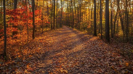 Obraz premium Serene autumn forest path with vibrant foliage and sunlight filtering through