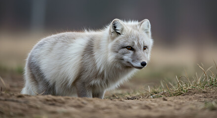 Graceful arctic fox in transition coat stands alert in the tundra landscape