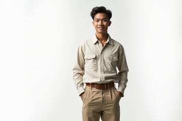Fototapeta premium Half-Length (Waist-Up) portrait of young stylish smiling Samoan male model in vintage wear isolated on pure white background looking at camera