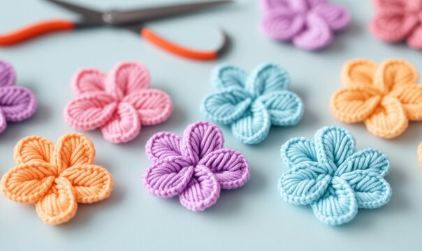 Delicate handmade knitted flowers in pastel colors, neatly arranged with a pair of craft scissors.