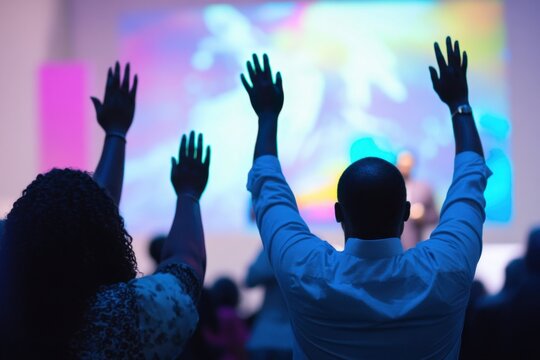 people in a church, standing with their hands raised, giving God credit for the events that took place during the service Generative AI