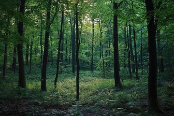 Fototapeta premium Serene forest with sunlight filtering through tall trees and lush green foliage