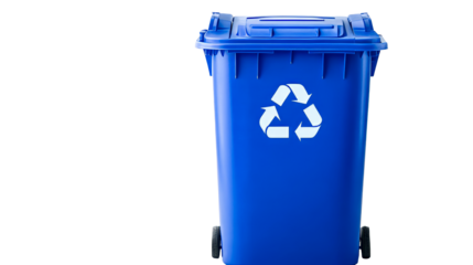 Blue recycle bin with the recycle symbol isolated on black background, cut out transparent