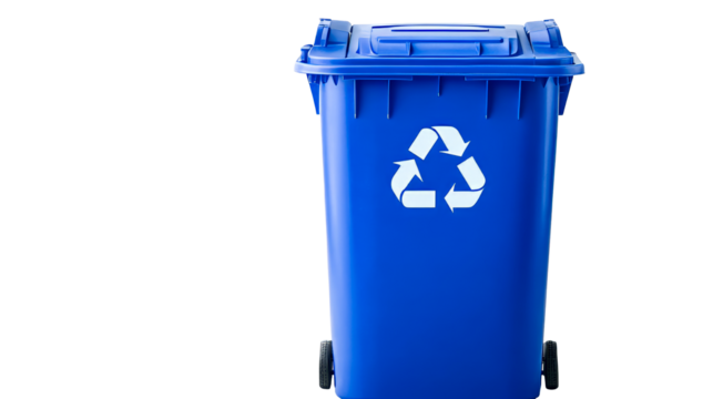 Blue recycle bin with the recycle symbol isolated on black background, cut out transparent