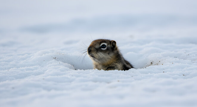 Charming arctic ground squirrel emerges curiously from its snowy burrow