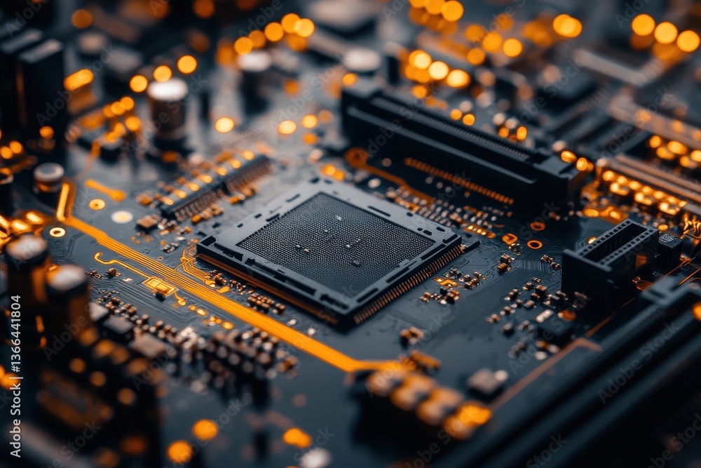 Poster close-up of a modern computer motherboard with intricate circuit patterns. perfect for tech, science