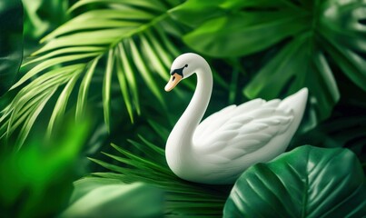 Obraz premium A white swan peacefully rests amidst a vibrant backdrop of lush, green tropical foliage.