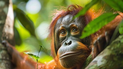 Obraz premium Conserving Bornean orangutan vital deforestation push intelligent primate toward extinction Clinging towering tree tropical rainforest reddish fur glow under sunlight Protecting habitat key ensuring