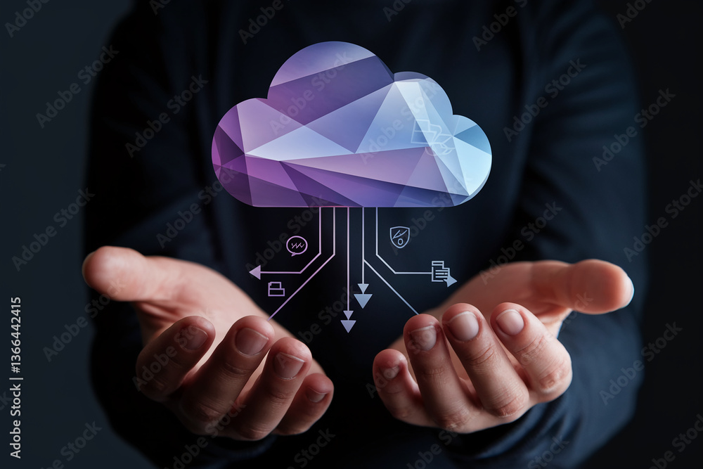 Poster hands hold abstract polygonal cloud, symbolizing data storage, security, and connectivity in the clo
