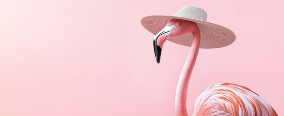 Stylish flamingo in straw hat against pastel pink background