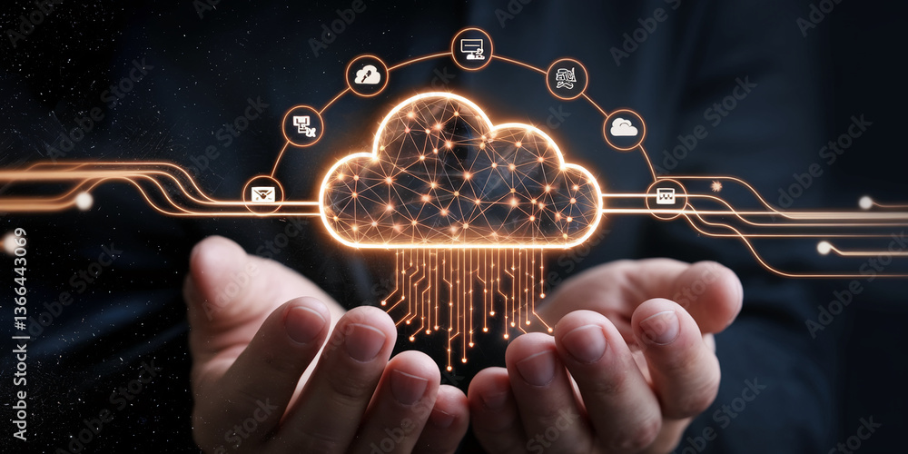 Poster glowing cloud computing network icon in hands, symbolizing digital technology, data storage, and con