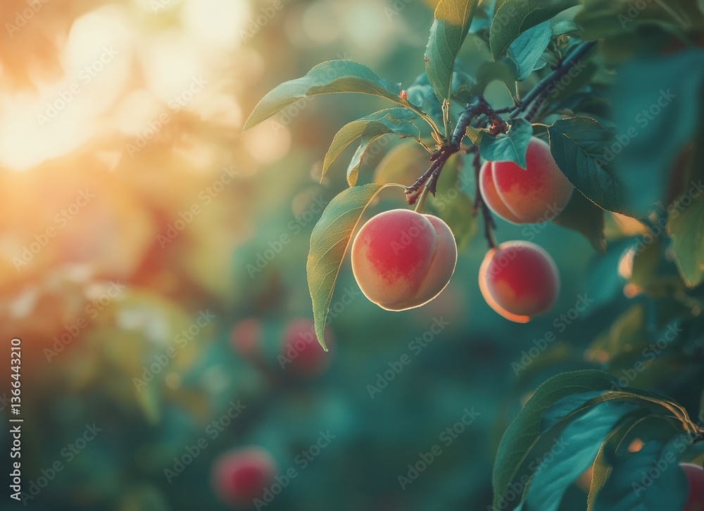 Poster ripe peaches hanging on branch in blurred orchard with soft light and shadow