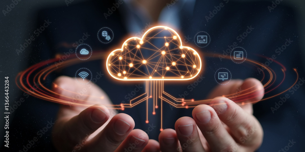 Poster glowing cloud computing network icon held in hands, symbolizing digital connectivity, data storage, 
