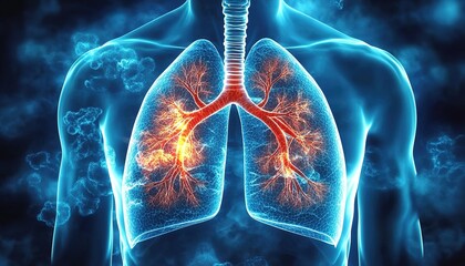 A human lung anatomy illustration, showing a transparent blue human silhouette, orange branching bronchial tree inside the lungs