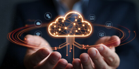 Glowing cloud computing network icon held in hands, symbolizing digital connectivity, data storage, and technological innovation