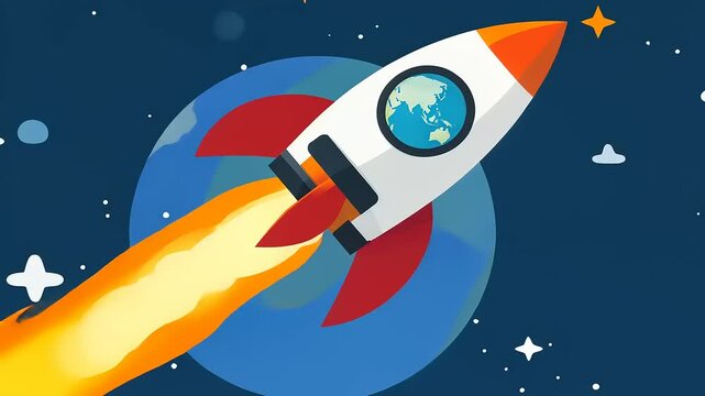Colorful rocket launching into space with Earth visible in the background and stars scattered around